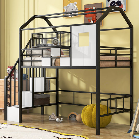 LOVMOR Metal Loft Bed with roof design and a storage box  Twin  Black