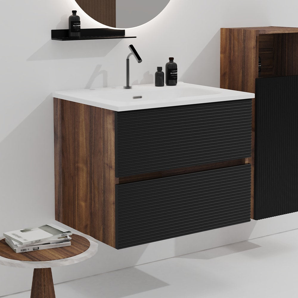 GDFStudio Gloria 24-inch Modern Wall-Mounted Floating Bathroom Vanity with Integrated Ceramic Sink and Overflow - Soft Black Walnut Finish