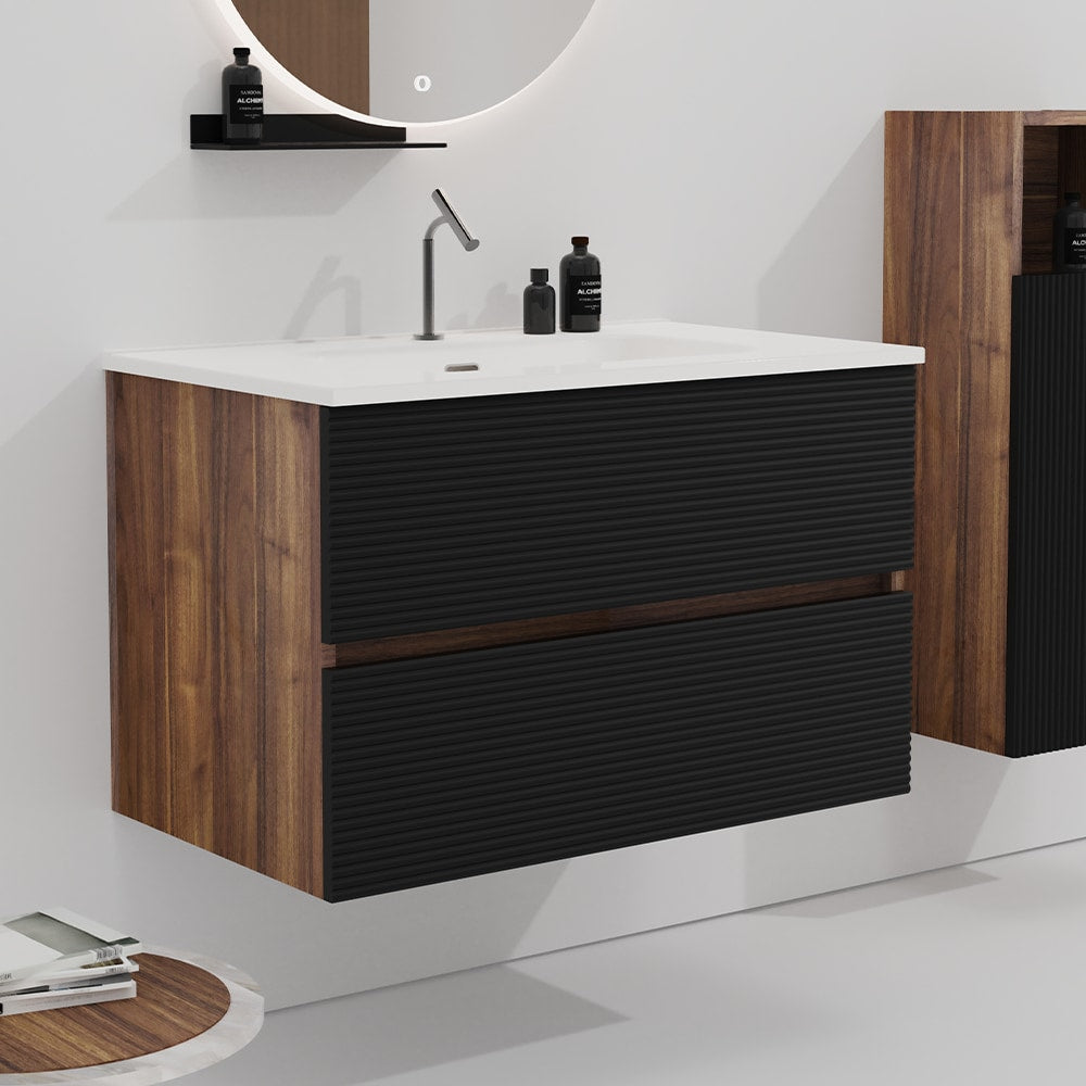 GDFStudio 30 Inches Wall Mounted Soft Black and Walnut Bathroom Vanity with Integrated Ceramic Sink with Overflow Large Storage Floating Bathroom Vanity for Modern Bathroom Pre-assembled