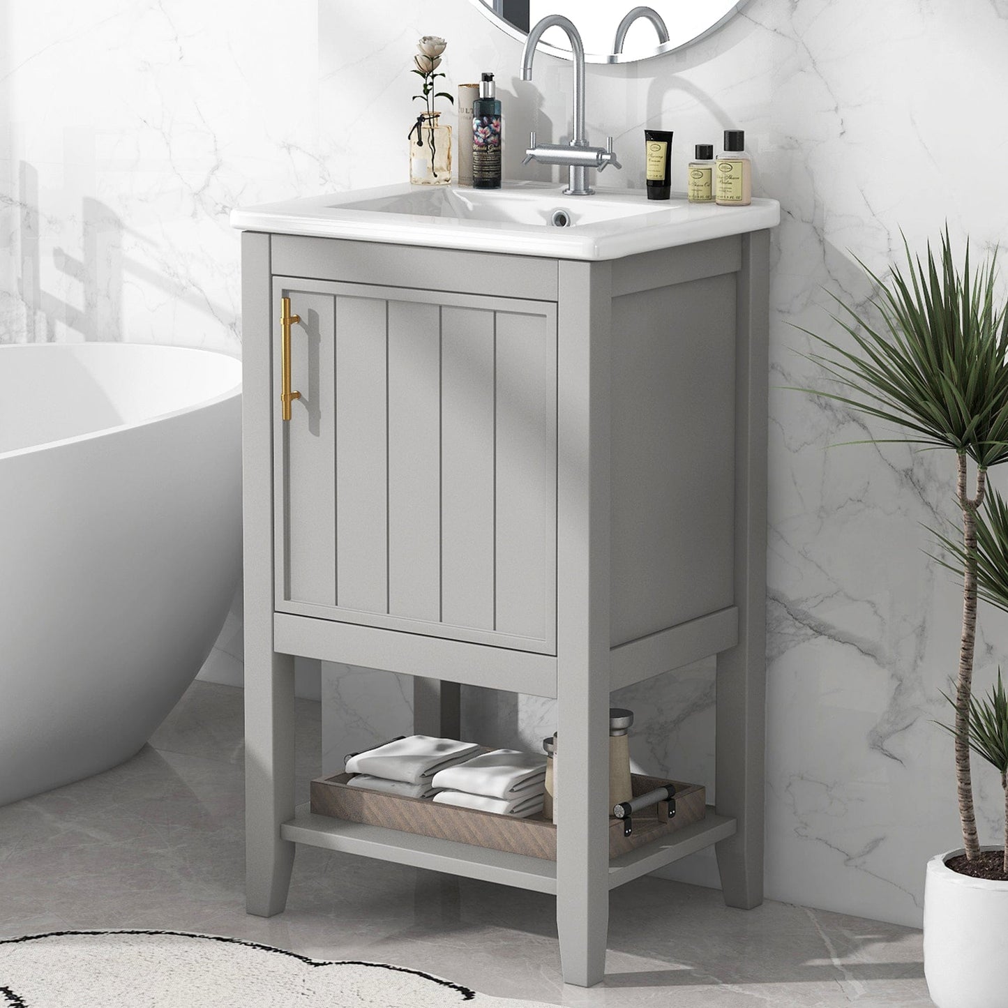 Boyel Living 20 Inch Bathroom Vanity with Sink Cabinet with Soft Close Door Storage Rack and Open Shelf Grey