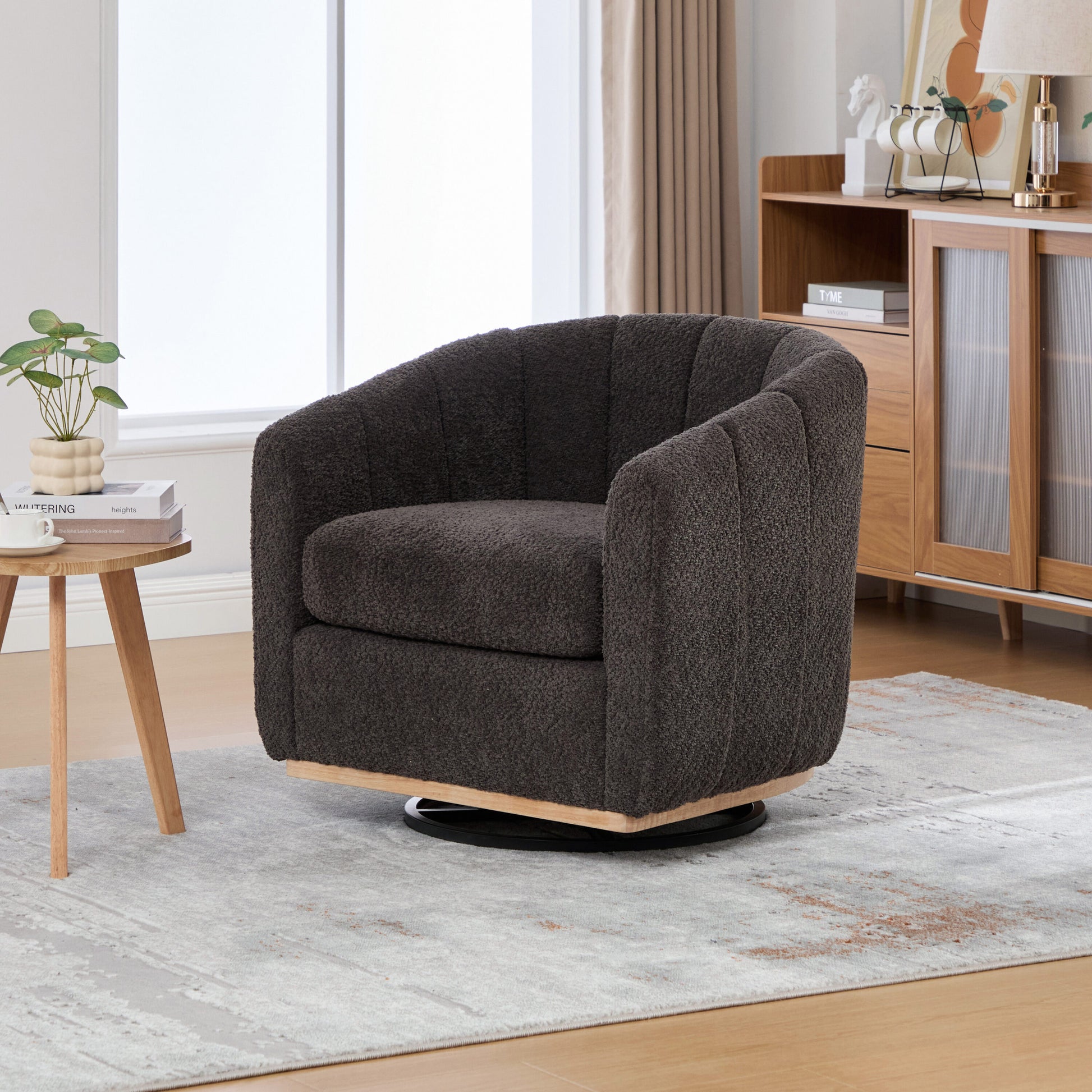 Aortzio 32.3-in W Modern CHARCOAL Chenille Swivel Barrel Armchair