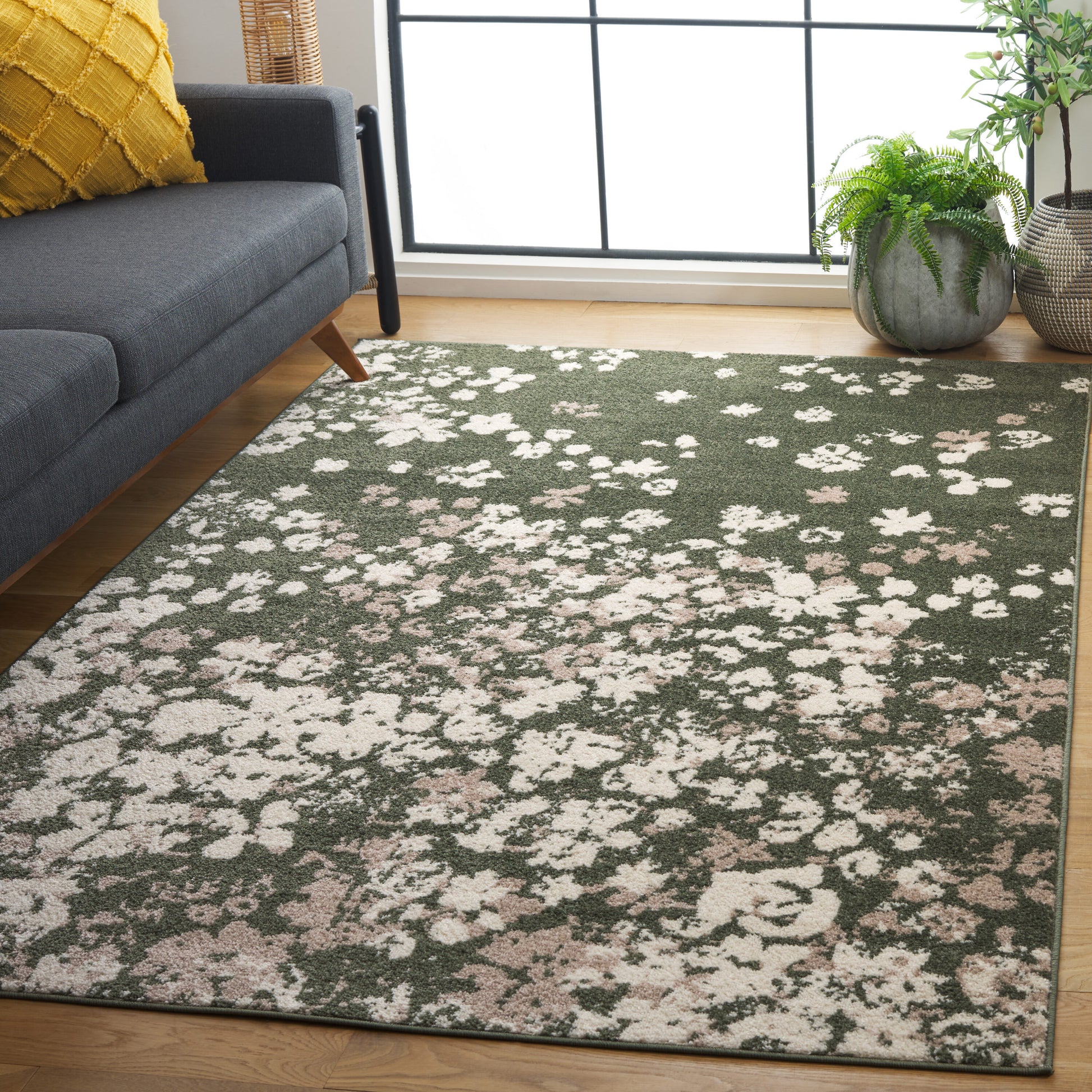 Safavieh Adirondack 9 x 12 (ft) Loomed Polypropylene/Jute/Polyester Dark Green/Ivory Rectangular Indoor Floral/Botanical Mid-Century Modern Spot Clean Only Area rug