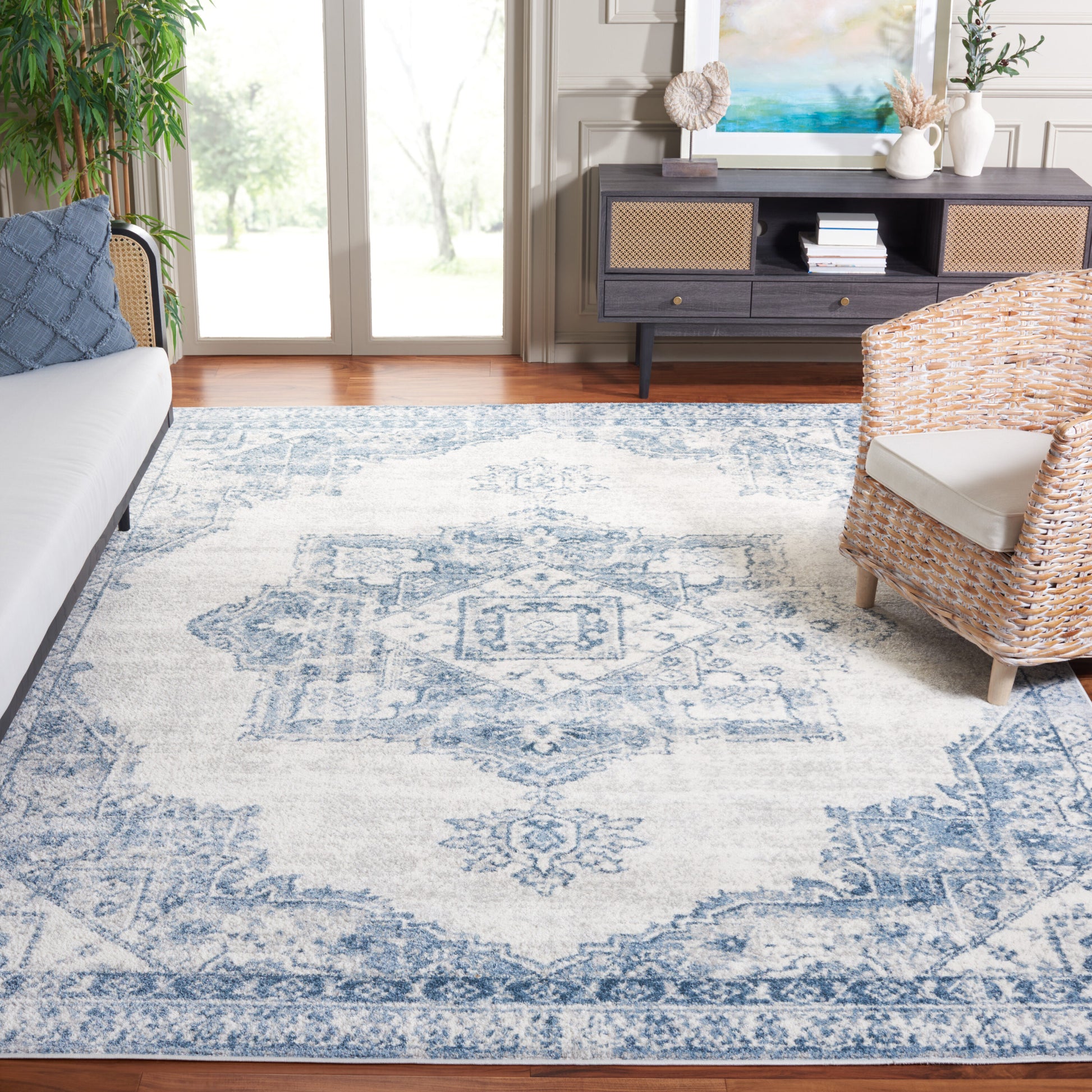 Safavieh Layla 10 x 14 (ft) Loomed Polypropylene Ivory Gray/Blue Rectangular Indoor Medallion Mid-Century Modern Professionally Clean Only Area rug
