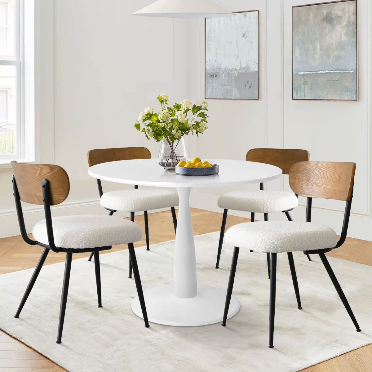 Maison Boucle 5 Piece Modern White Round Dining Table Set with Beige Upholstered Chairs for Small Dining Rooms
