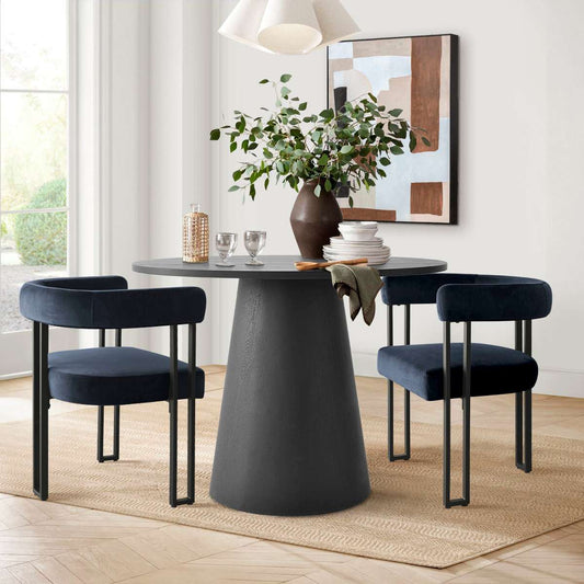 Maison Boucle 3 Piece Pedestal Dining Table Set with 35 Inch Round Table and 2 Blue Upholstered Chairs for Kitchen