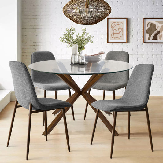 Maison Boucle 5 Piece Round Clear Glass Dining Table Set with 4 Gray Dining Chairs and Walnut Finish Metal Legs