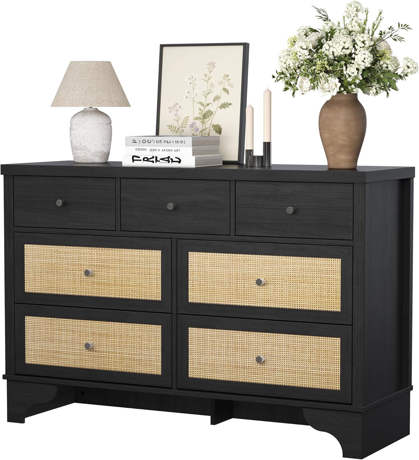 Garvee 7 Drawer Black Rattan Dresser Wide Boho Storage Cabinet for Bedroom Living Room