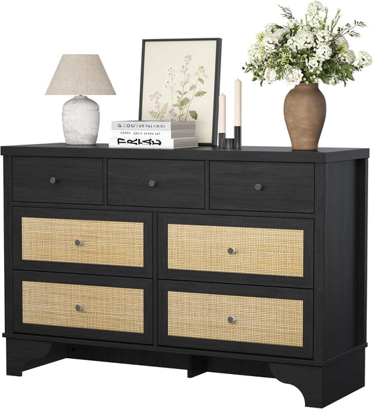Garvee 7 Drawer Black Rattan Dresser Wide Boho Storage Cabinet for Bedroom Living Room
