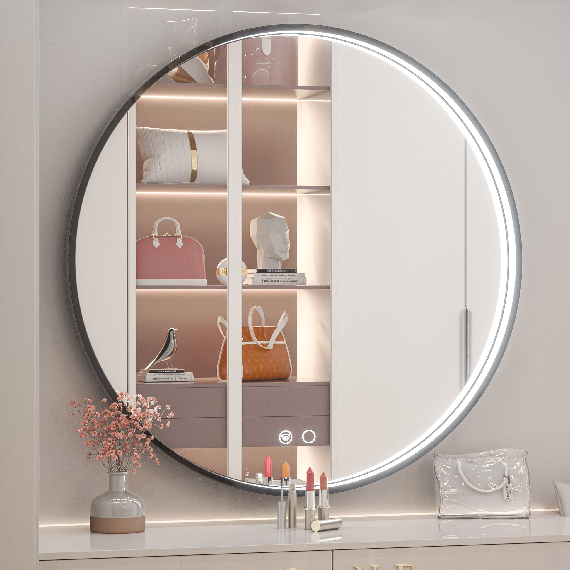 Keonjinn 36-in x 36-in Framed Round Dimmable LED Lighted Fog Free Bathroom Vanity Mirror ( Matte Black )