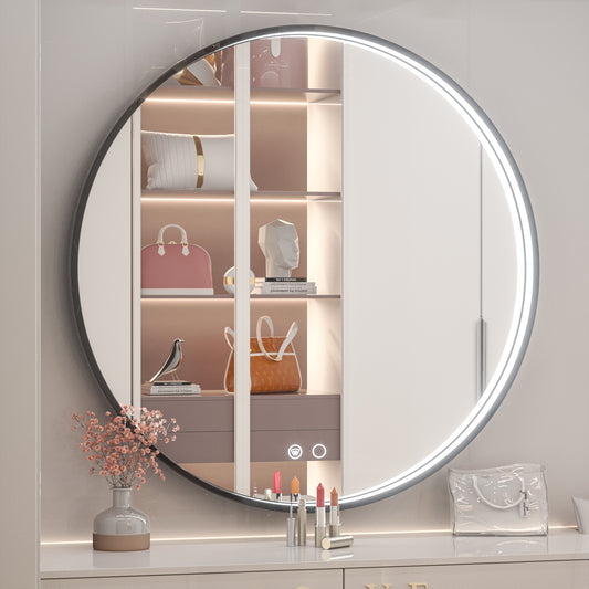 Keonjinn 36-in x 36-in Framed Round Dimmable LED Lighted Fog Free Bathroom Vanity Mirror ( Matte Black )