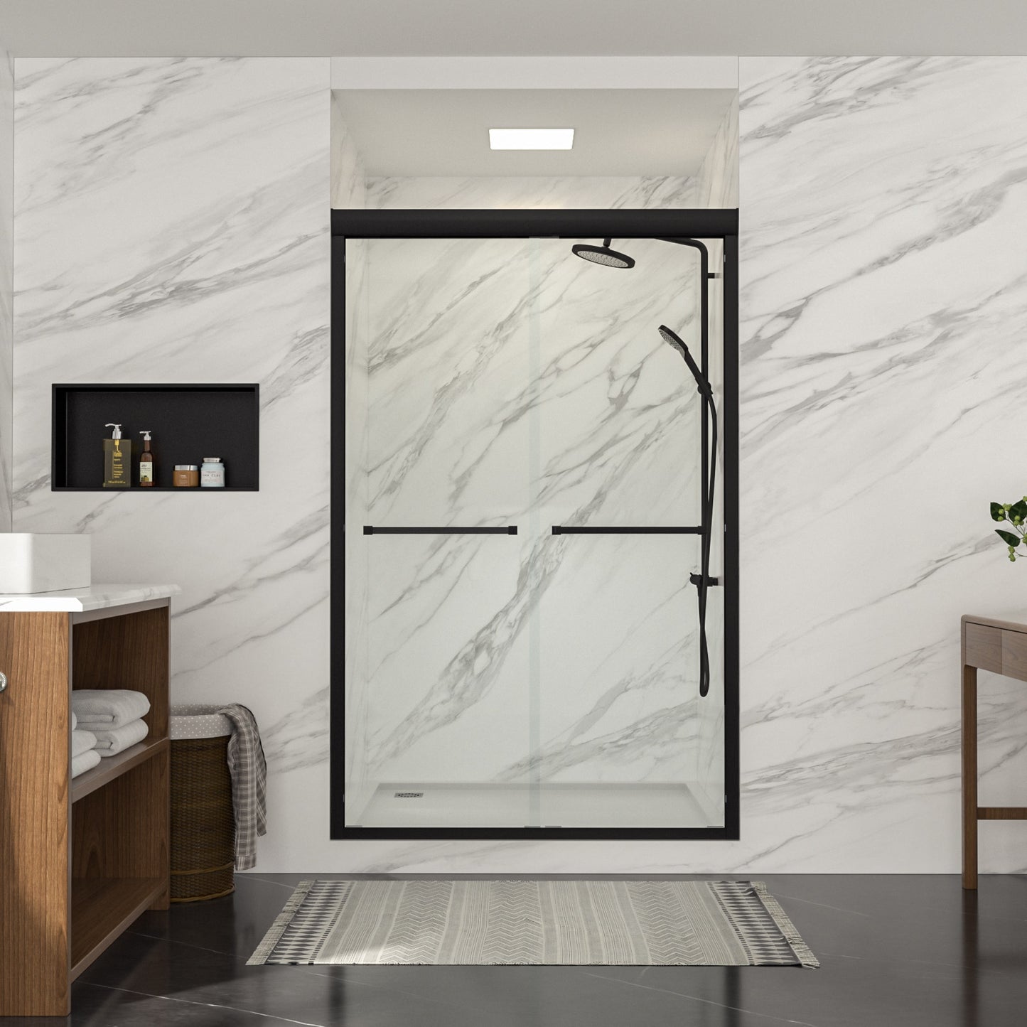 Lordear Bathroom Shower Door Black 48-in to 48-1/4-in W x 76-in H Semi-frameless Clear Glass Sliding Soft Close Shower door