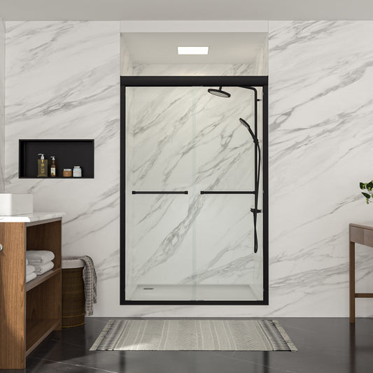 Lordear Bathroom Shower Door Black 48-in to 48-1/4-in W x 76-in H Semi-frameless Clear Glass Sliding Soft Close Shower door