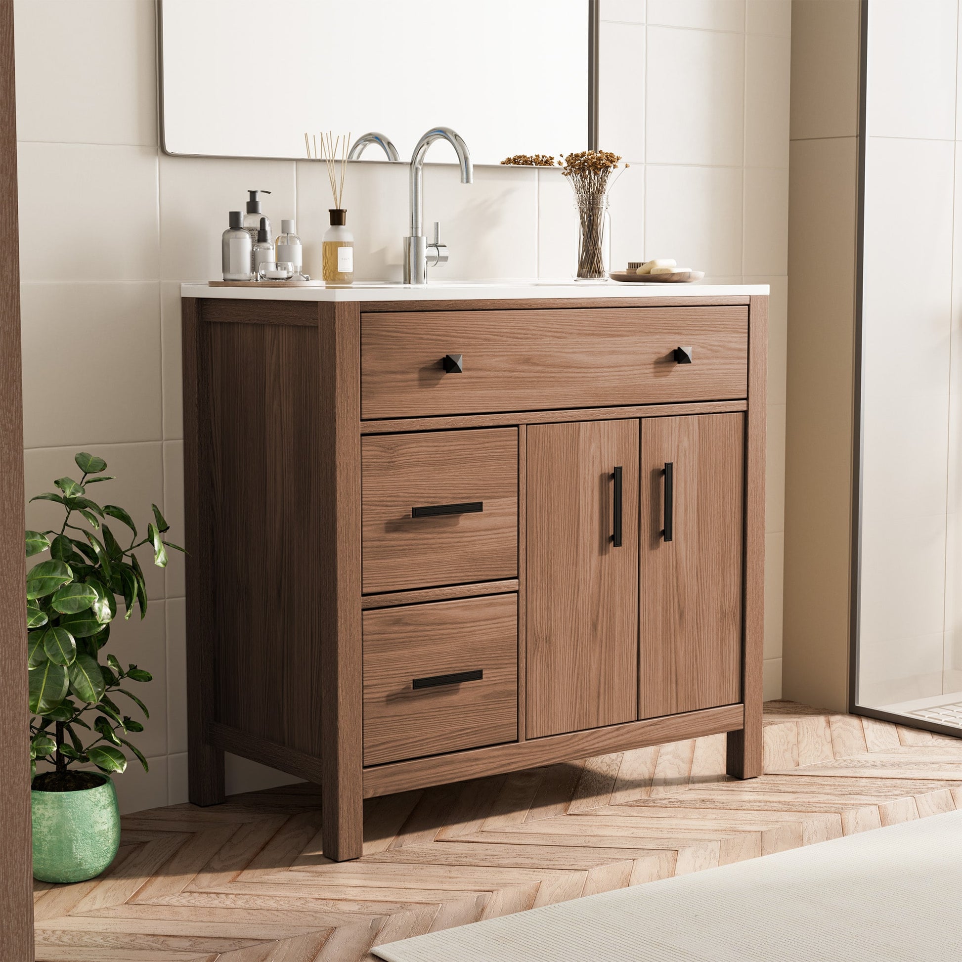 Serwall 36-in Single Sink Burlywood Bathroom Vanity with White Polymarble Top-Assembly Required