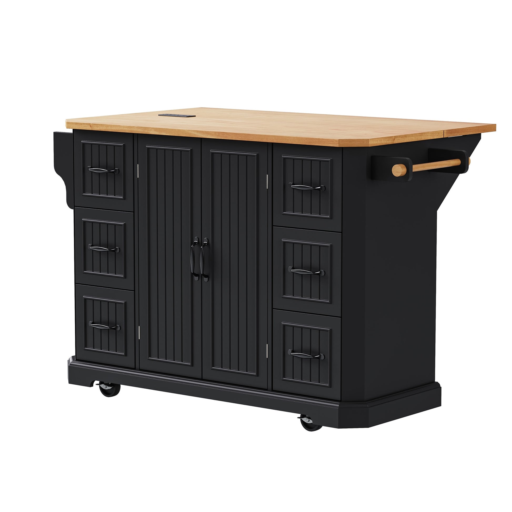 Kahomvis Black MDF Base with Wood Wood Top Rolling Kitchen Island ( 18-in x 47-in x 36-in )