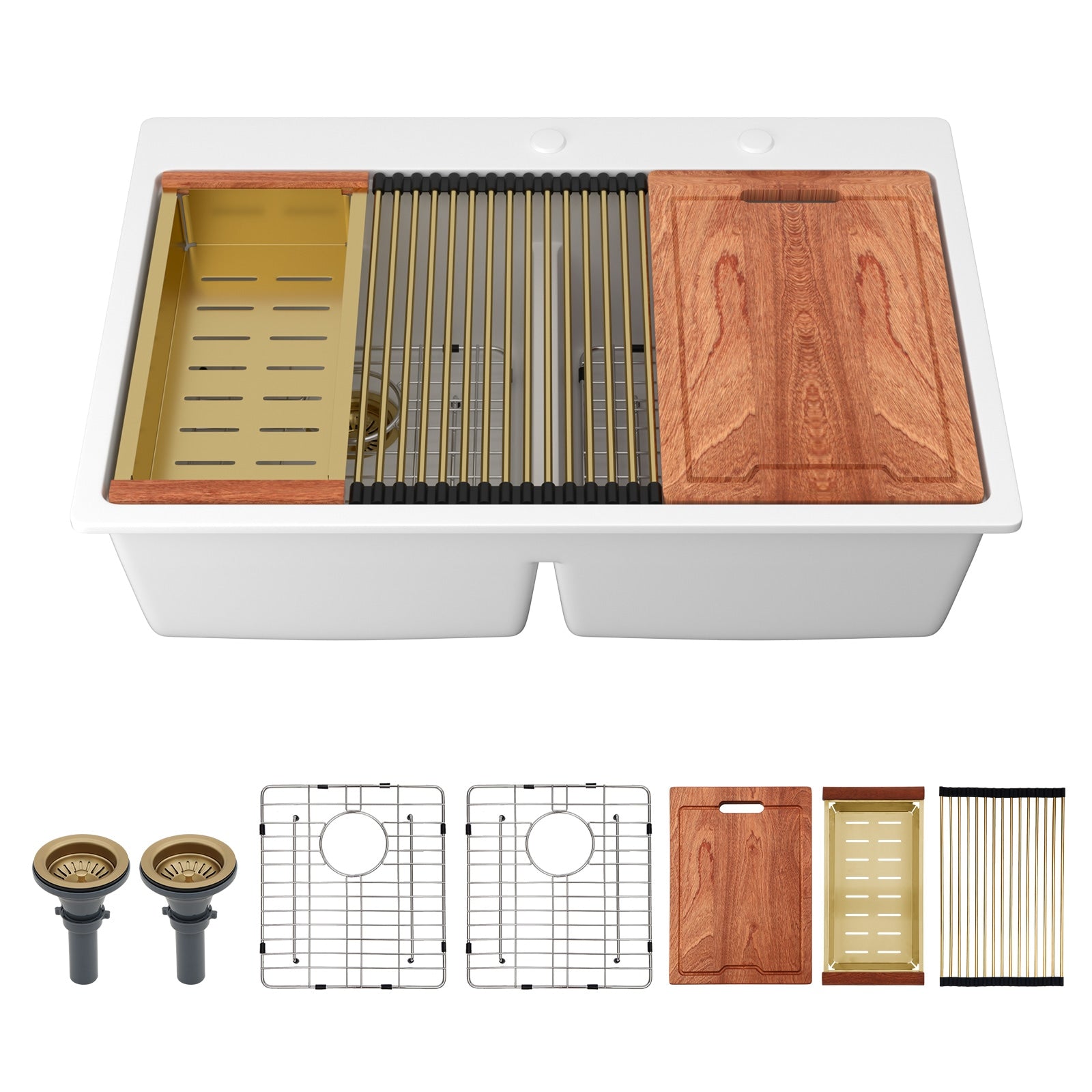 LIVIZA Quartz White Drop-in 33-in x 22-in Granite Double equal bowl 16 -Gauge Workstation Kitchen Sink with Drainboard