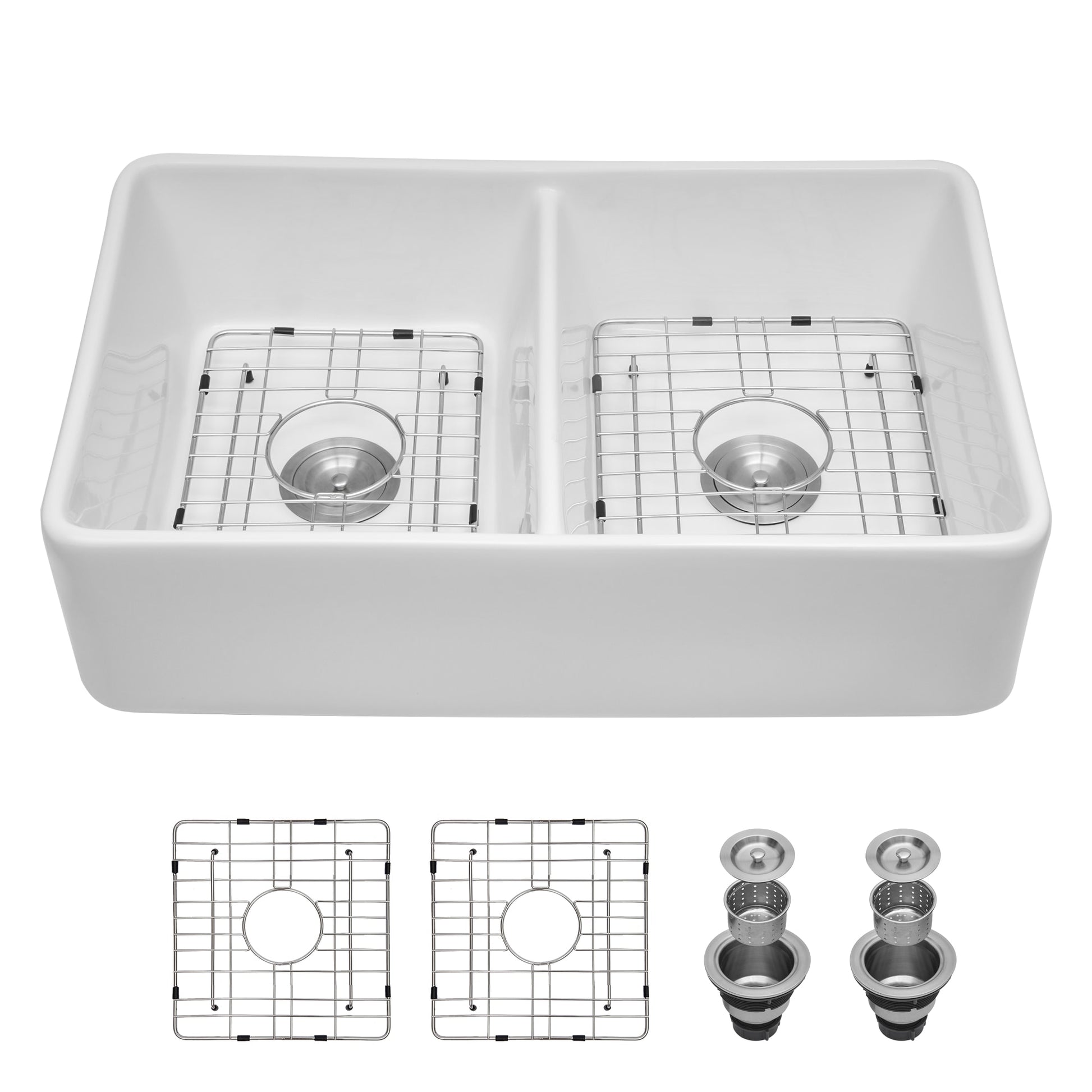 LIVIZA White Ceramic Farmhouse apron front 32-in x 20-in Porcelain Double equal bowl Kitchen Sink