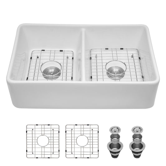 LIVIZA White Ceramic Farmhouse apron front 32-in x 20-in Porcelain Double equal bowl Kitchen Sink