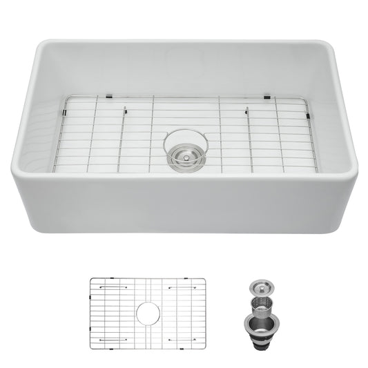 LIVIZA White Ceramic Farmhouse apron front 33-in x 20-in Porcelain Single bowl Kitchen Sink