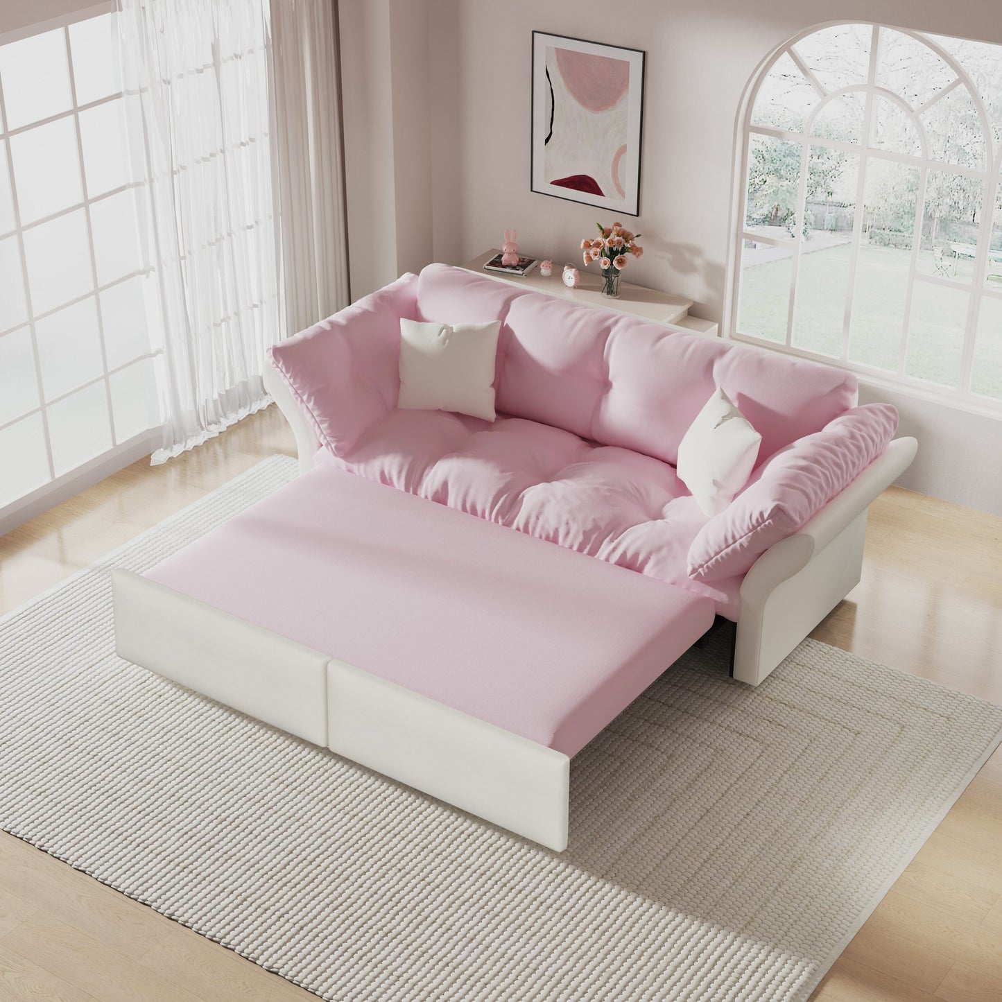 LOVMOR 74 Inch Queen Pull Out Sofa Bed 3 in 1 Convertible Sleeper Tufted Velvet Loveseat Pink