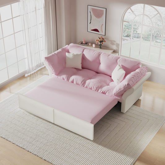 LOVMOR 74 Inch Queen Pull Out Sofa Bed 3 in 1 Convertible Sleeper Tufted Velvet Loveseat Pink