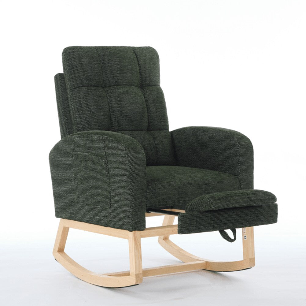 Vynxaria  Series Green Polyester Rocking Chair Set of 1 with Adjustable Footrest High Backrest Side Pocket Solid Wood Legs Gentle Glide 300LB Support