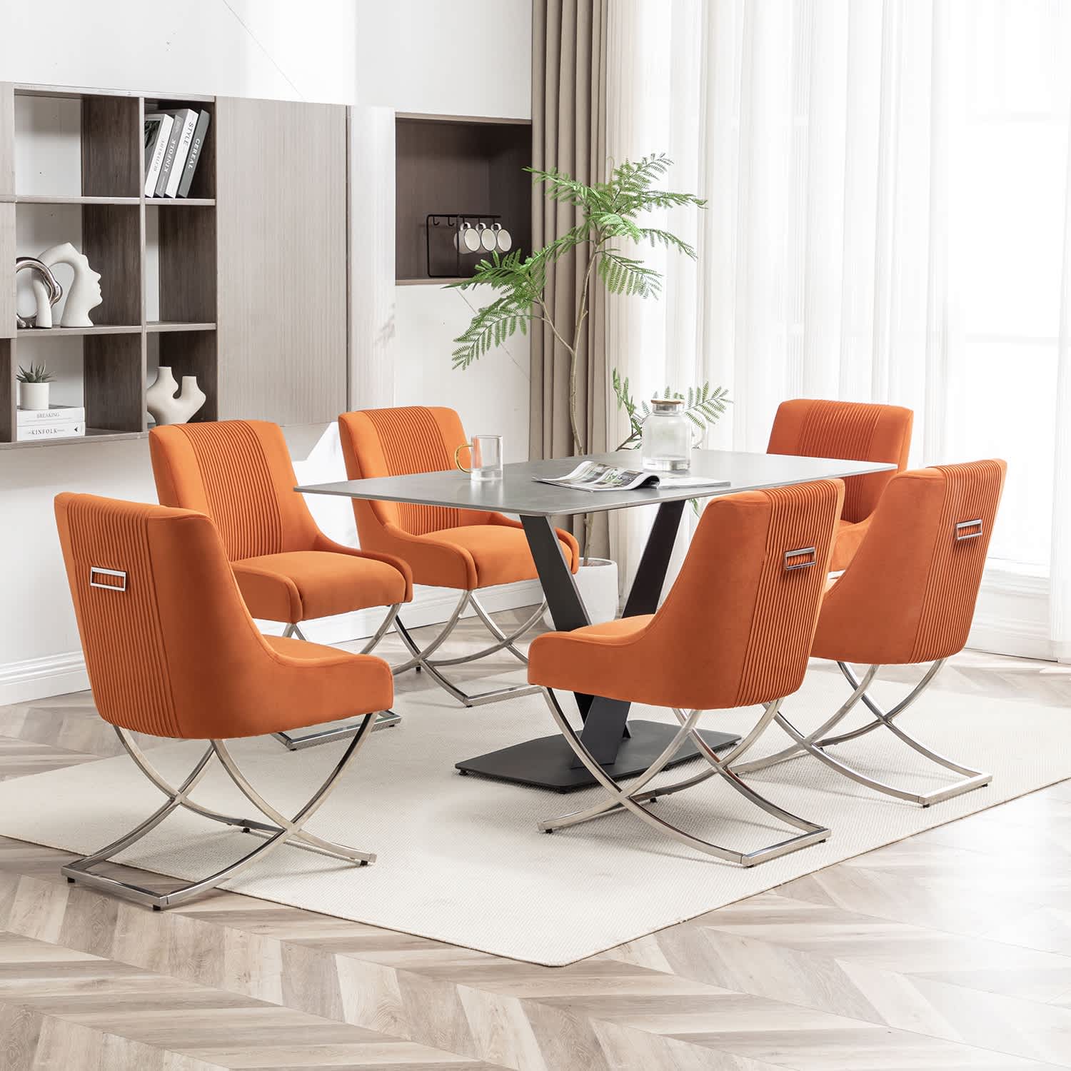 SEYNAR  Contempoary Velvet Dining Chair Set of 6 with Metal Frame Legs and Back Pull