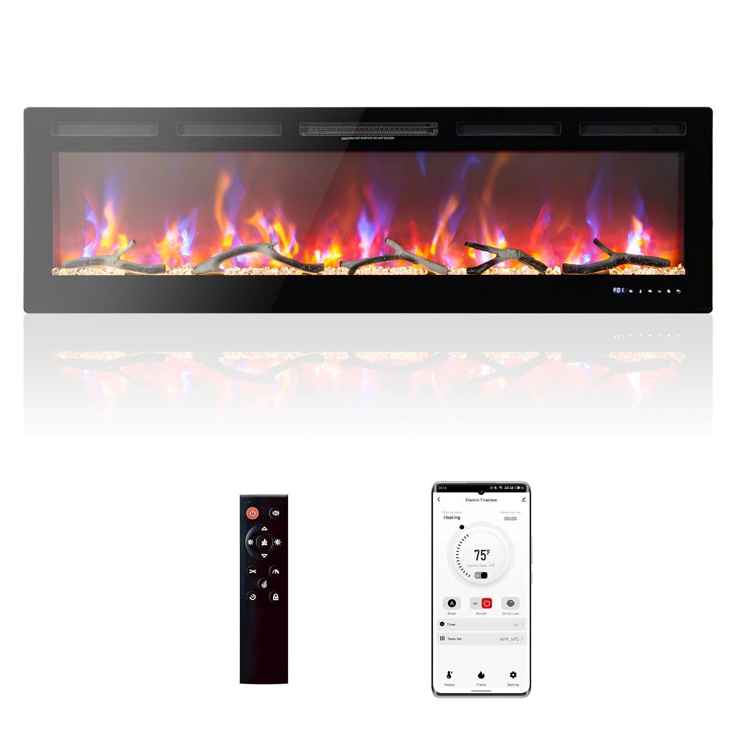Qeetex 72 inch Electric Fireplace Recessed Wall Mounted Linear Fireplace with WiFi Remote Control Multicolor Flame Effect 750W 1500W Heating Includes Log Crystal Decor