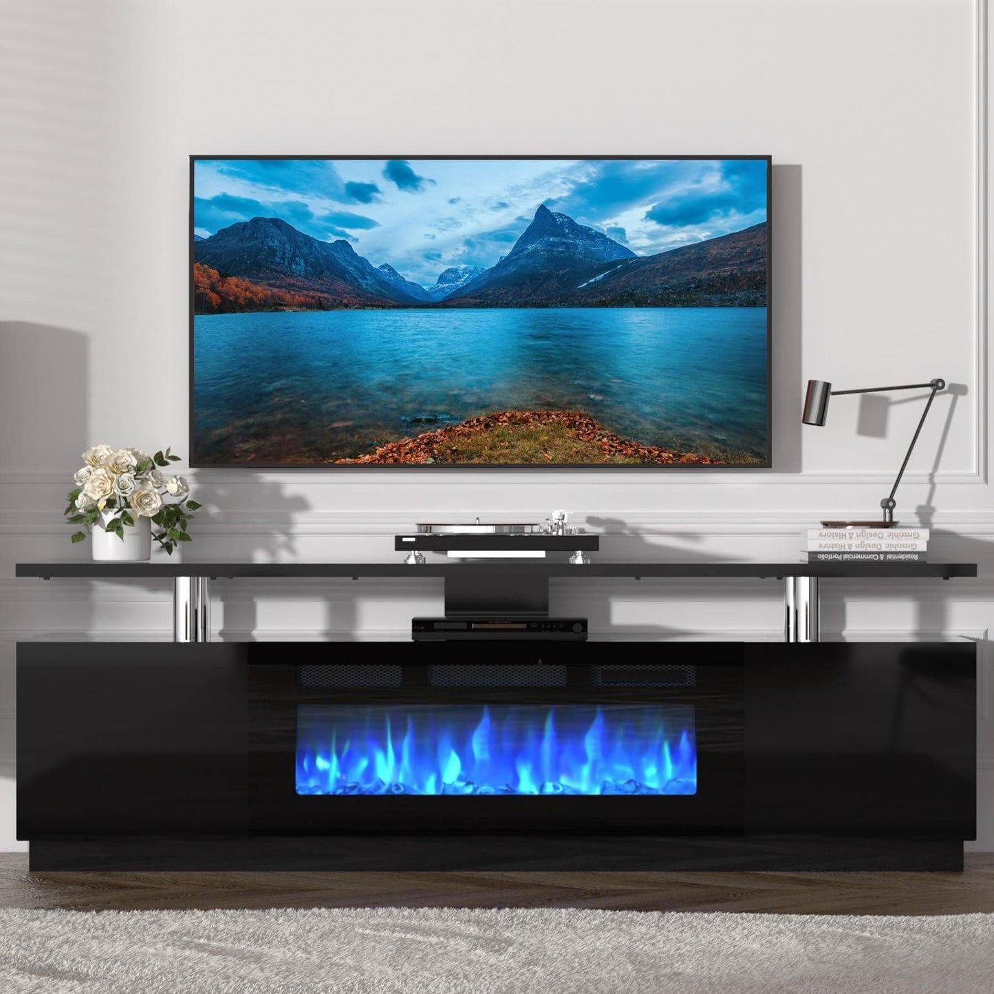 Qeetex Fireplace TV Stand with 36 inch Fireplace 70 inch Entertainment Center 2 Tier TV Console Cabinet with Storage Cabinet Electric Fireplace Heater with LED Light and 12 Flame Colors Black