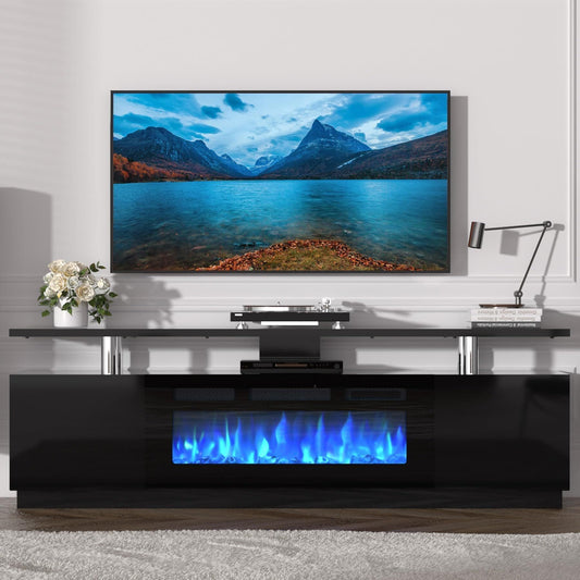 Qeetex Fireplace TV Stand with 36 inch Fireplace 70 inch Entertainment Center 2 Tier TV Console Cabinet with Storage Cabinet Electric Fireplace Heater with LED Light and 12 Flame Colors Black