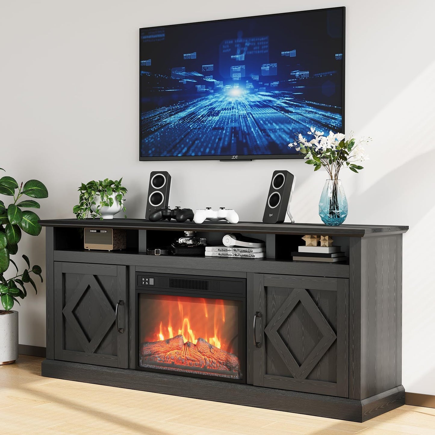 Qeetex 67 inch Modern Fireplace TV Stand with 23 inch Electric Fireplace Remote Control Wood Texture Entertainment Center with Storage Cabinet for TVs Up to 80 inch