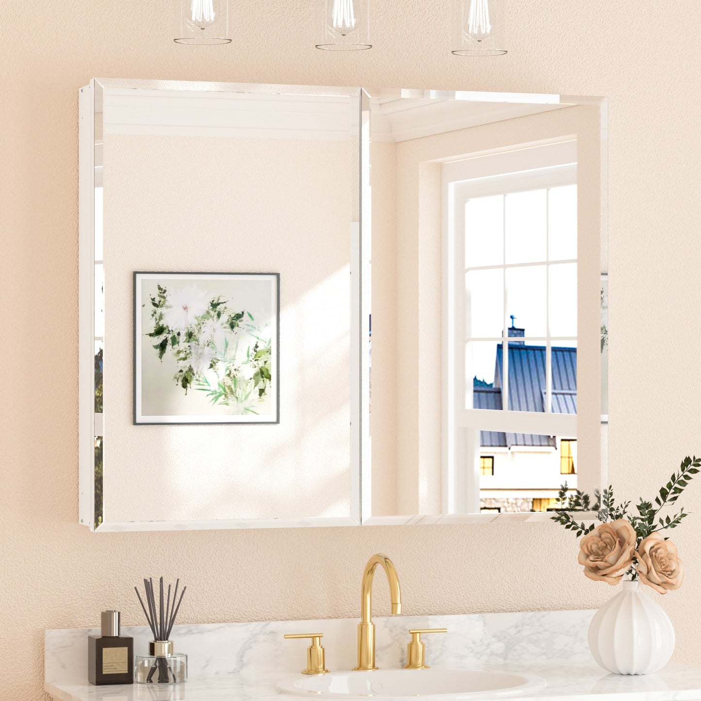 Keonjinn 40-in x 32-in Surface/Recessed Mount White Mirrored Rectangle Soft Close Medicine Cabinet