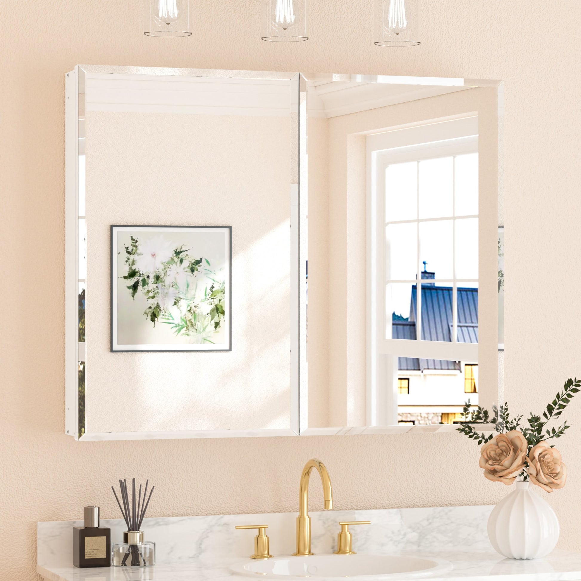 Keonjinn 40-in x 32-in Surface/Recessed Mount White Mirrored Rectangle Soft Close Medicine Cabinet