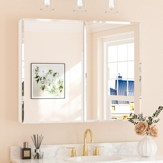 Keonjinn 40-in x 32-in Surface/Recessed Mount White Mirrored Rectangle Soft Close Medicine Cabinet