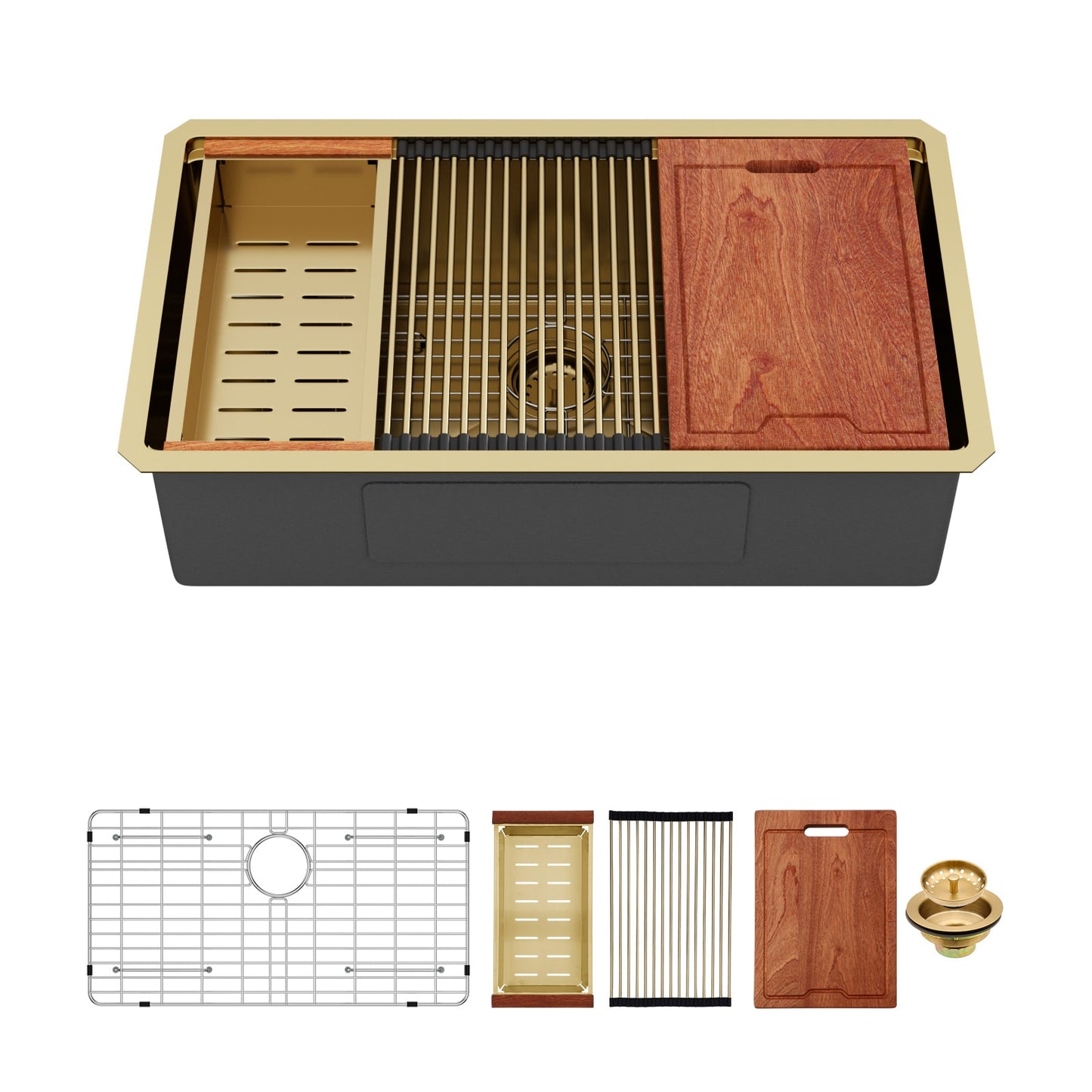 LIVIZA Gold Kitchen Sink Undermount 30-in x 19-in Stainless steel Single bowl 16 -Gauge Workstation Kitchen Sink with Drainboard