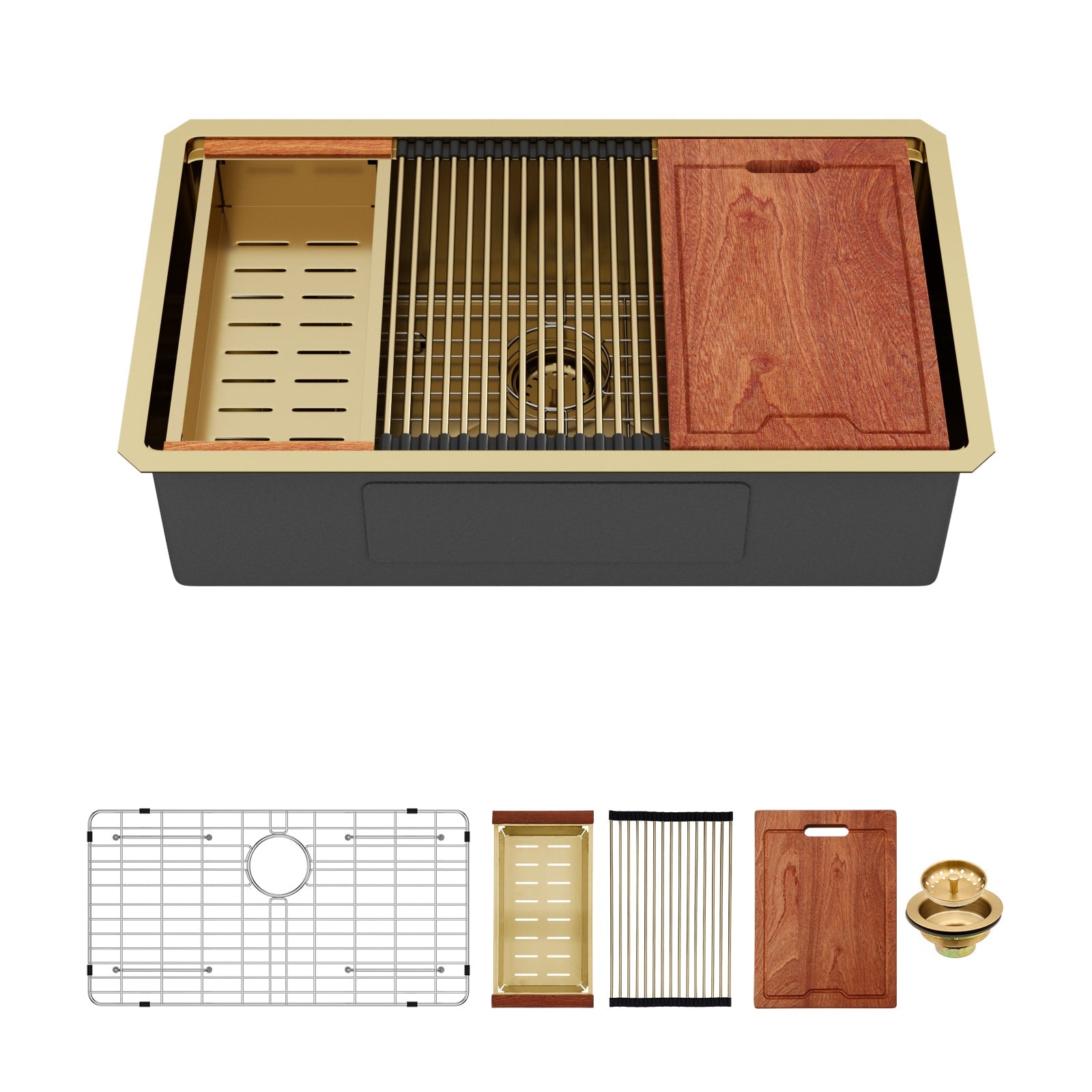 LIVIZA Gold Kitchen Sink Undermount 30-in x 19-in Stainless steel Single bowl 16 -Gauge Workstation Kitchen Sink with Drainboard