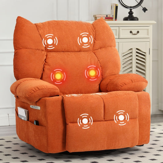 DYHOME Orange Power Recliner Chair Swivel Rocking Recliner Chairs for Adults with Massage and Heated Soft Oversized Reclining Swivel Sofa with USB Ports for Living Room