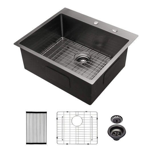 LIVIZA Gunmetal Black Nano Coated Drop-in 25-in x 22-in Stainless steel Single bowl 16 -Gauge Kitchen Sink
