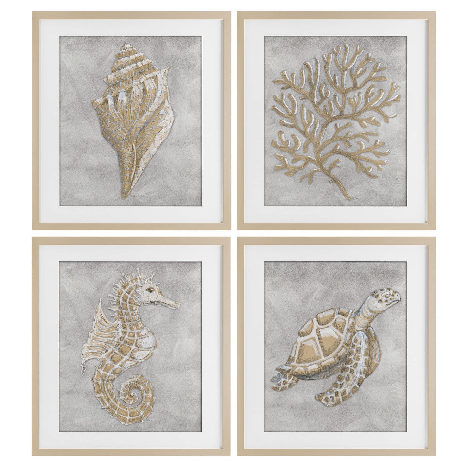Stupell Industries Grey Sea Life Drawing Brown 4pc Framed Print Under Glass Set 17 x 21