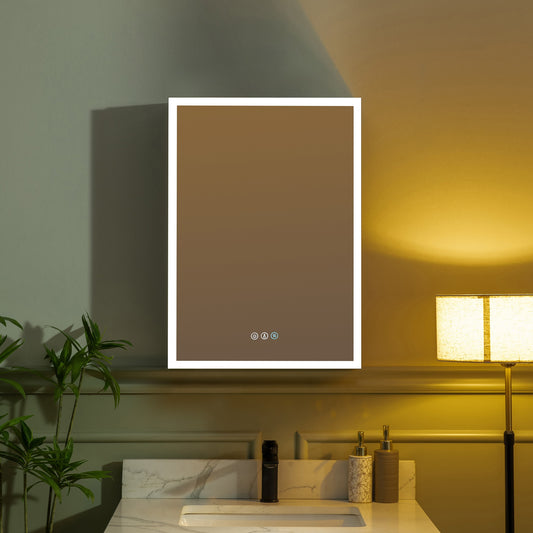 Woodbridge M2028 19.75-in x 27.75-in Lighted LED Fog Free Surface Mount Gray Interior Mirrored Rectangle Soft Close Medicine Cabinet with Outlet