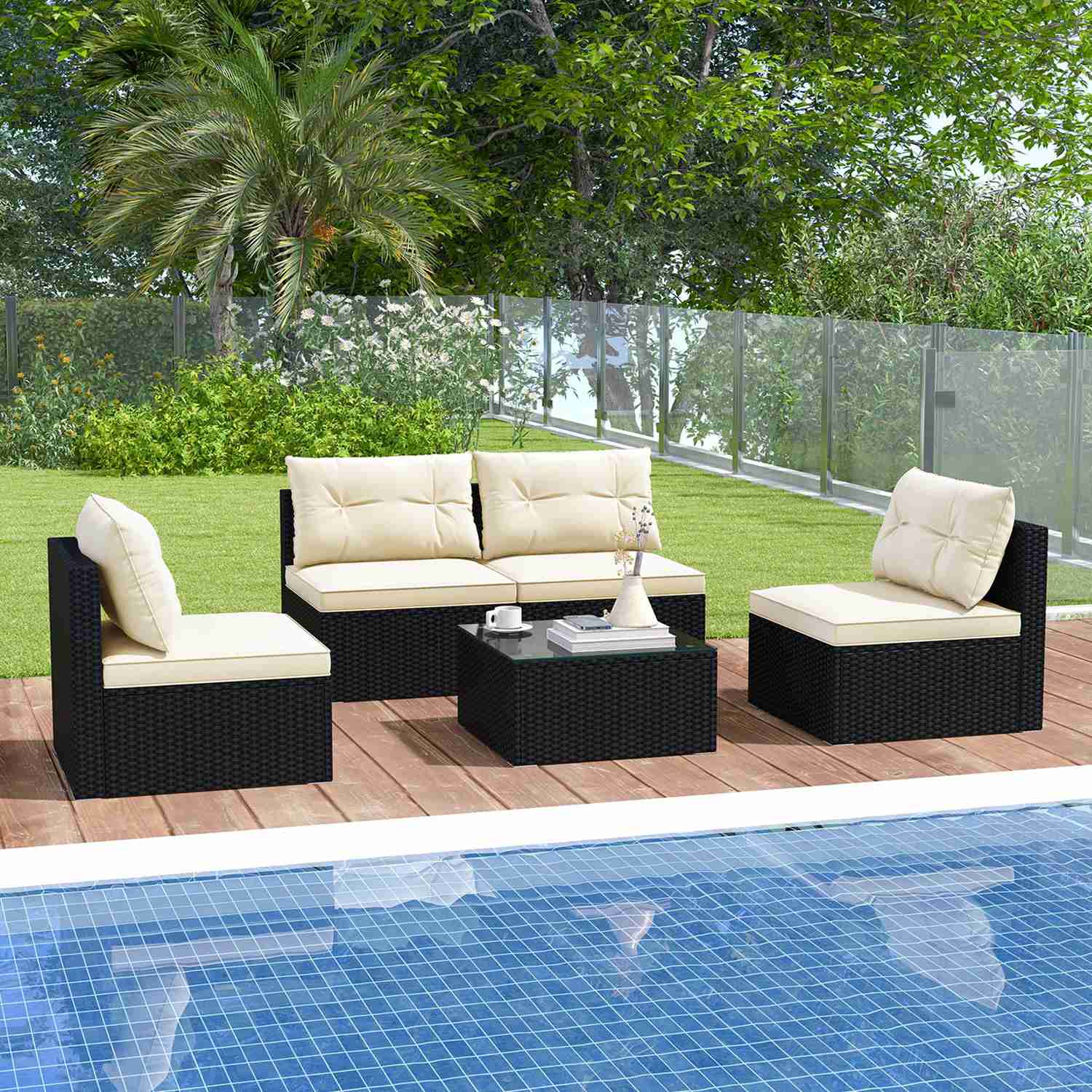 Costway  5 Pieces Outdoor Furniture Set with Seat and Back Cushions Tempered Glass Tabletop