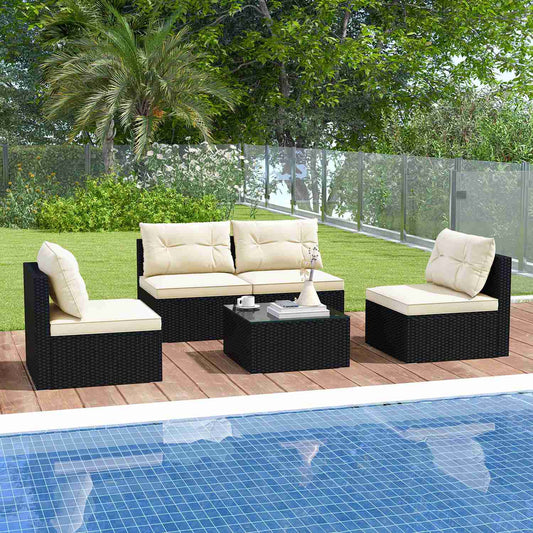 Costway  5 Pieces Outdoor Furniture Set with Seat and Back Cushions Tempered Glass Tabletop