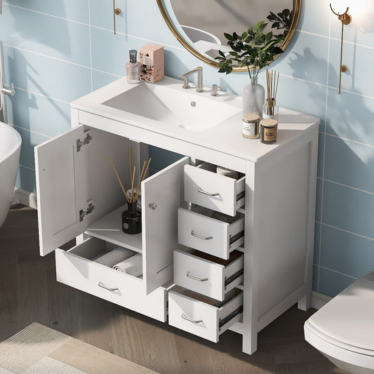 ModernLuxe 36inch White Bathroom Vanity with Ceramic Sink Combo Abundant Storage Cabinet 2 Softclose doors and 5 drawers