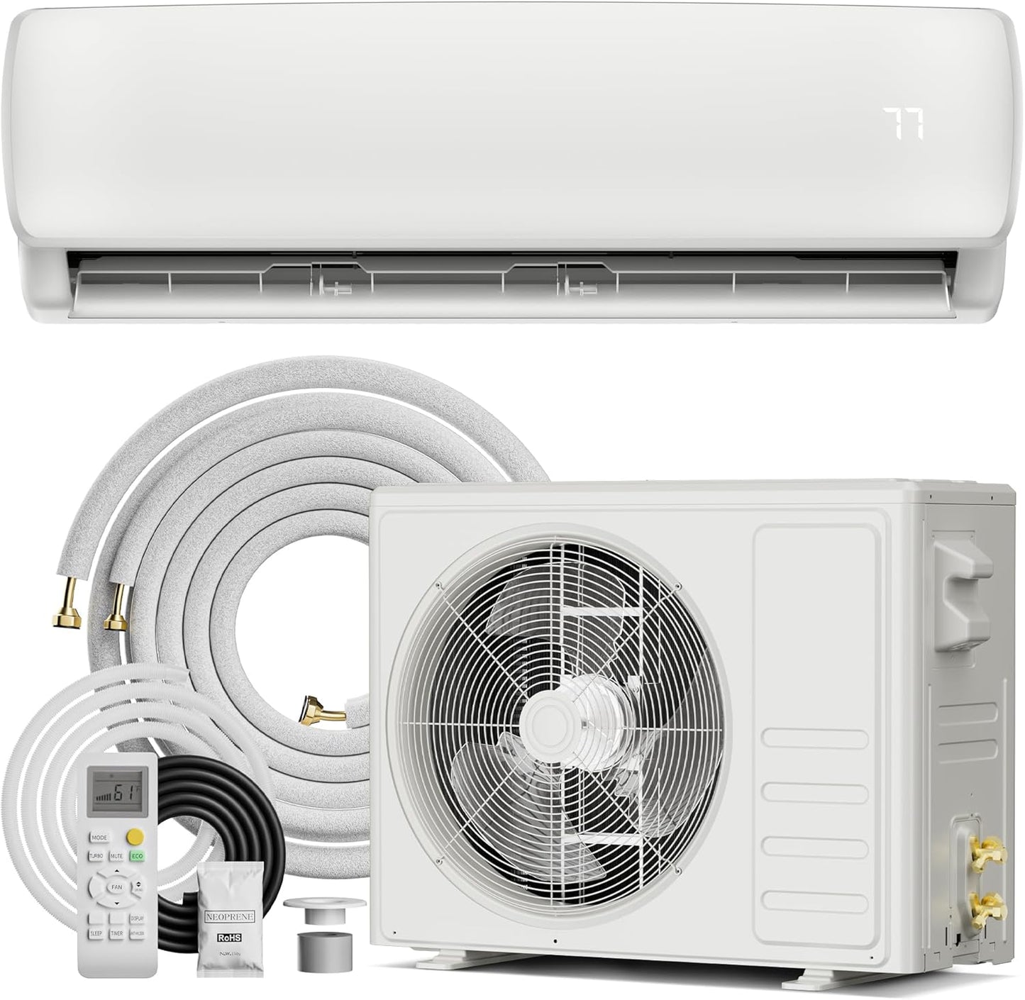 Qeetex 12000 BTU Mini Split AC And Heating System 19 SEER2 208V To 230V Ductless Inverter Cools And Heats Up To 750 SqFt Ultra Quiet Energy Saving Pre Charged Condenser Heat Pump Four Modes Turbo Sleep ECO Complete Kit