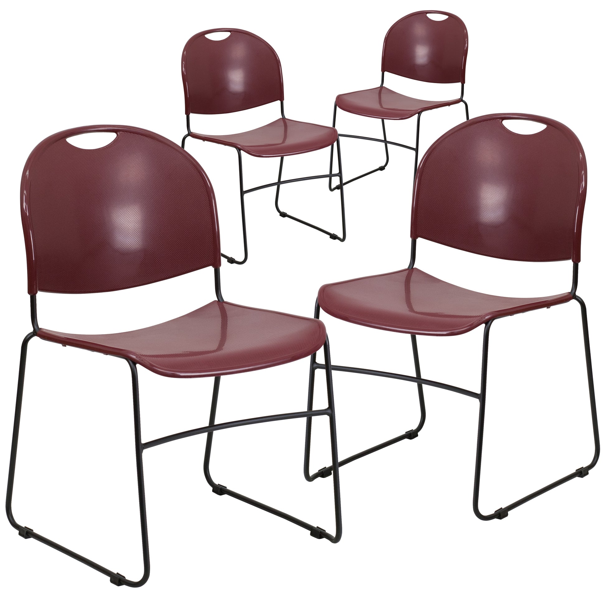 Flash Furniture 4 Pack HERCULES Series 880 lb Capacity Burgundy Ultra-Compact Stack Chair with Black Powder Coated Frame