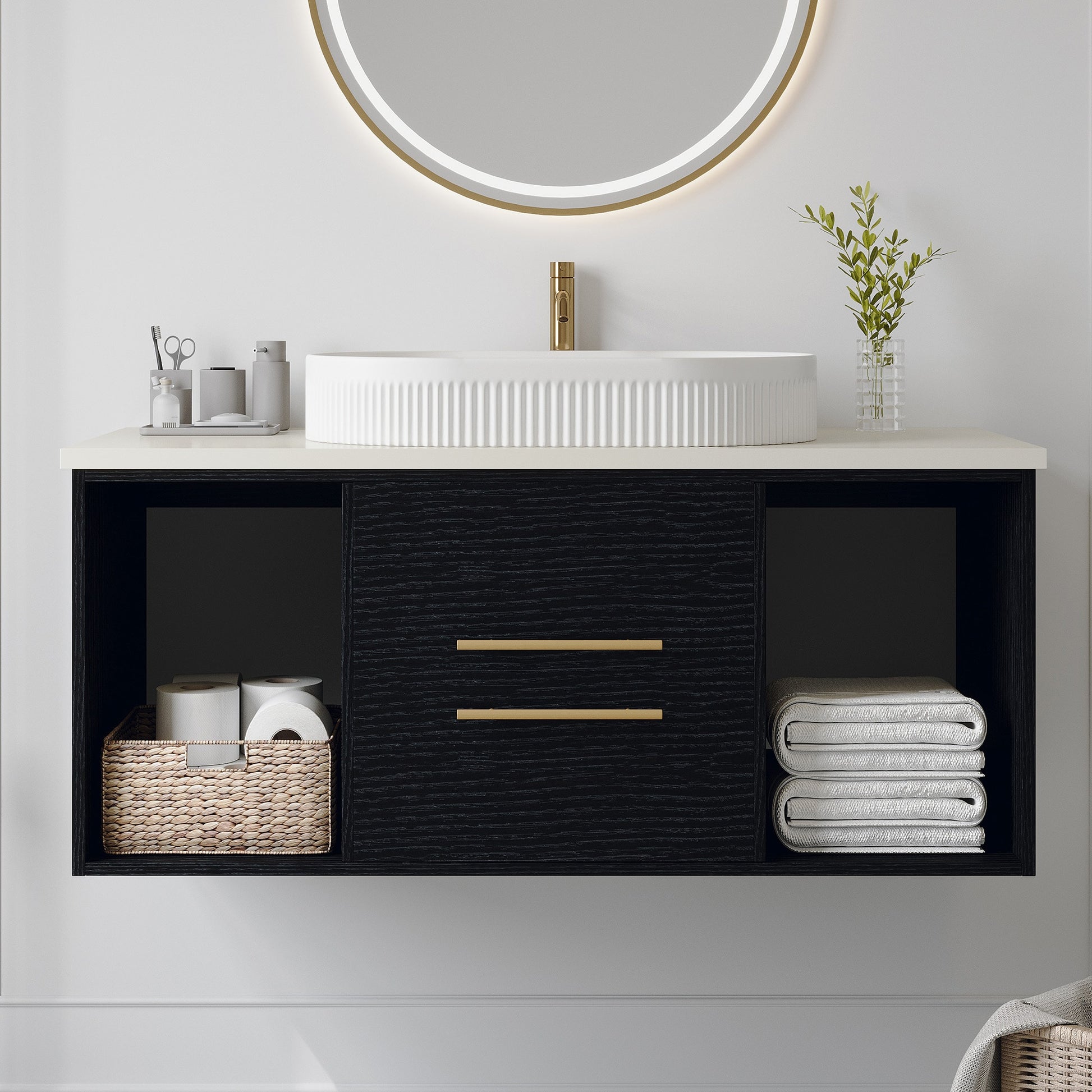 LOVMOR Modern Bathroom Vanity with Oval Ceramic Vanity Solid Wood Cabinet Drawers Open Shelf Storage