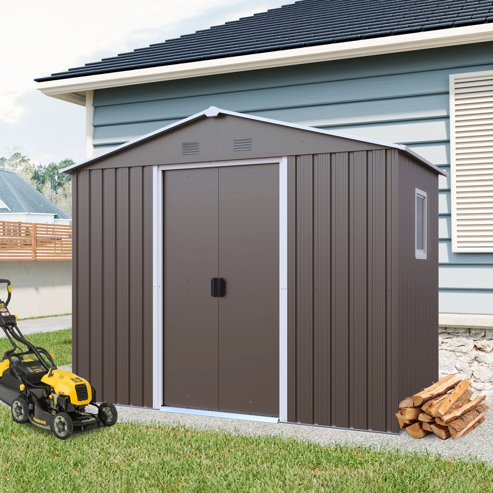 LOVMOR 8ftx4ft Outdoor Metal Storage Shed Window Metal foundation Gray