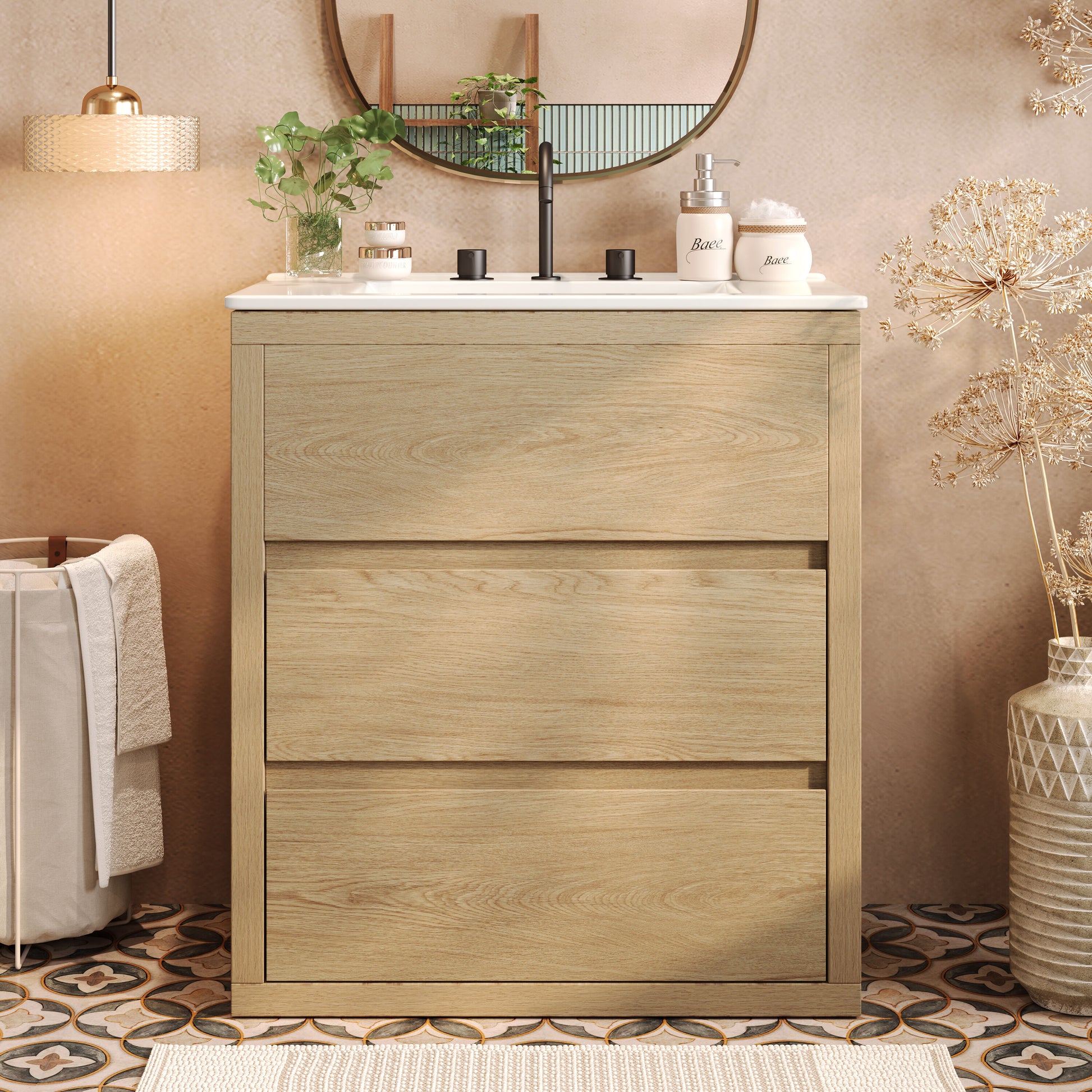 LOVMOR Bathroom Vanity with Ceramic Sink with Soft Close Undermount Drawer Slides Natural