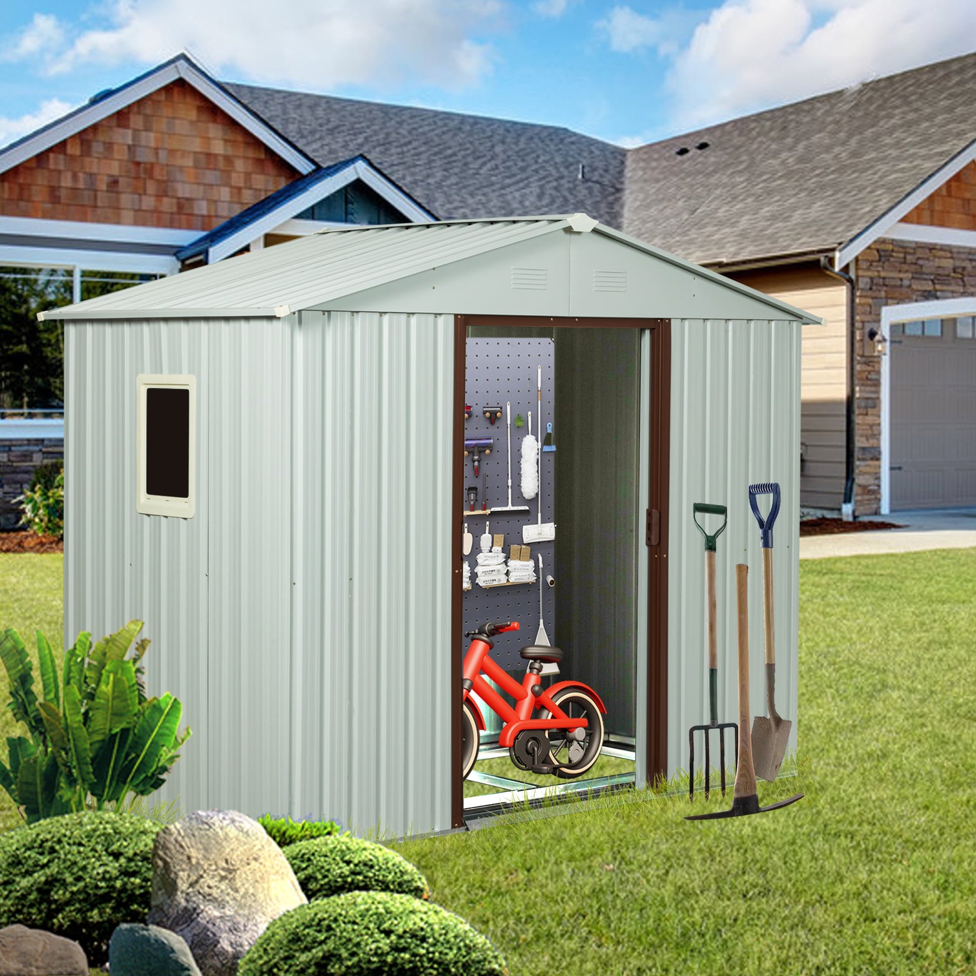 LOVMOR 8ftx4ft Outdoor Metal Storage Shed Window Metal foundation White