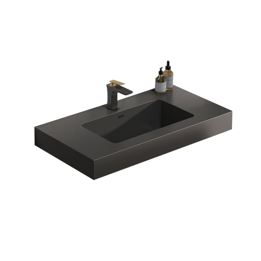 GDFStudio Annessa 30-inch Modern Engineered Quartz Integrated Bathroom Sink with Overflow - Black (WITHOUT Faucet and Drain)