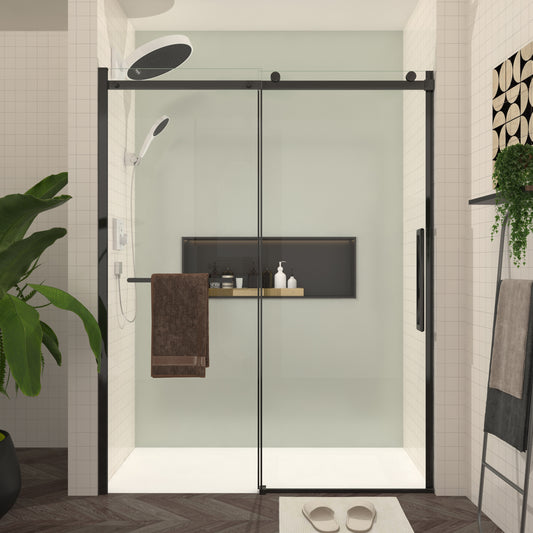 GDFStudio Aria Sliding Shower Door 56-60 Inches Width x 76 Inches Height - Frameless Glass Shower Door with Matte Black Hardware Towel Bar and Handle